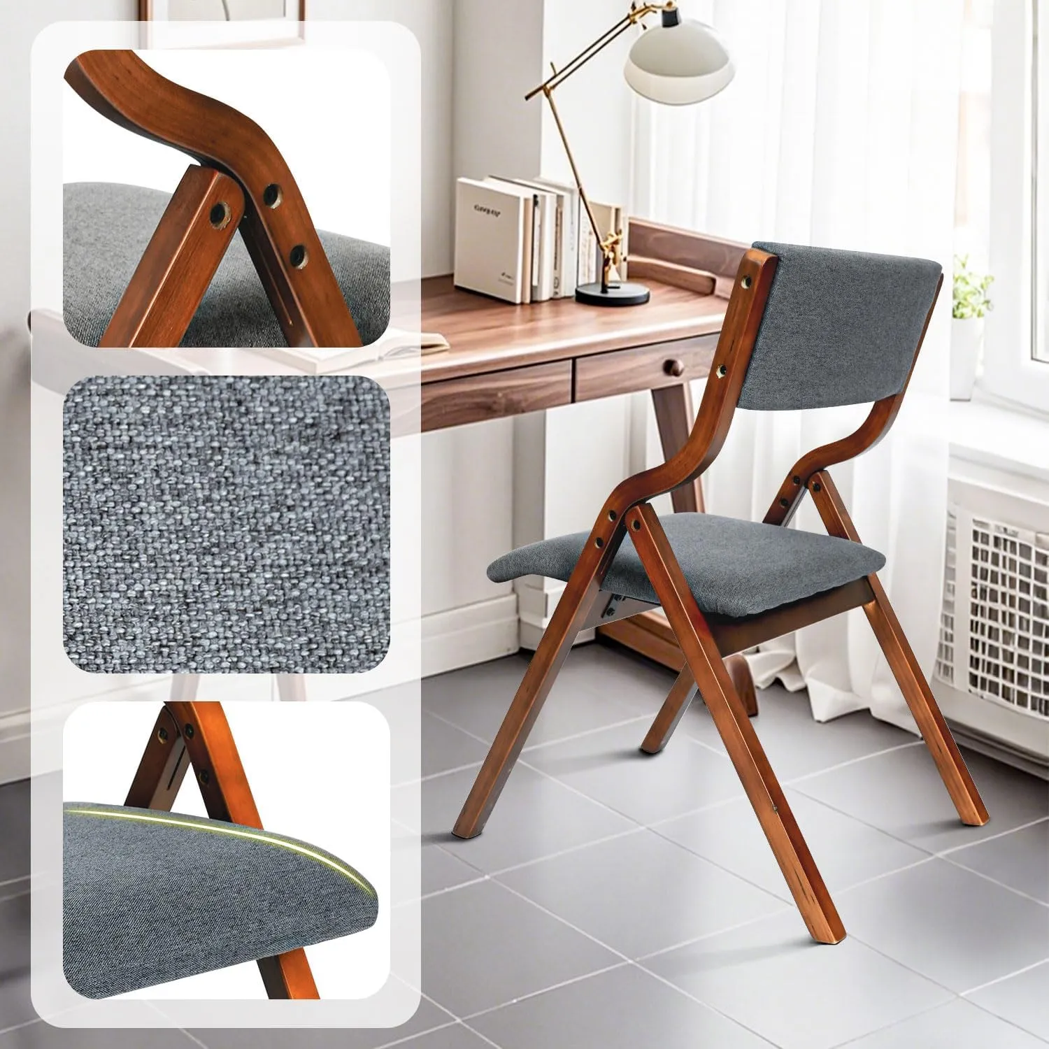 CangLong Modern Folding Chairs Set of 2, Padded Foldable Dining Chairs with Solid Wood Frame for Kitchen, Office & Wedding Party, Walnut Grey