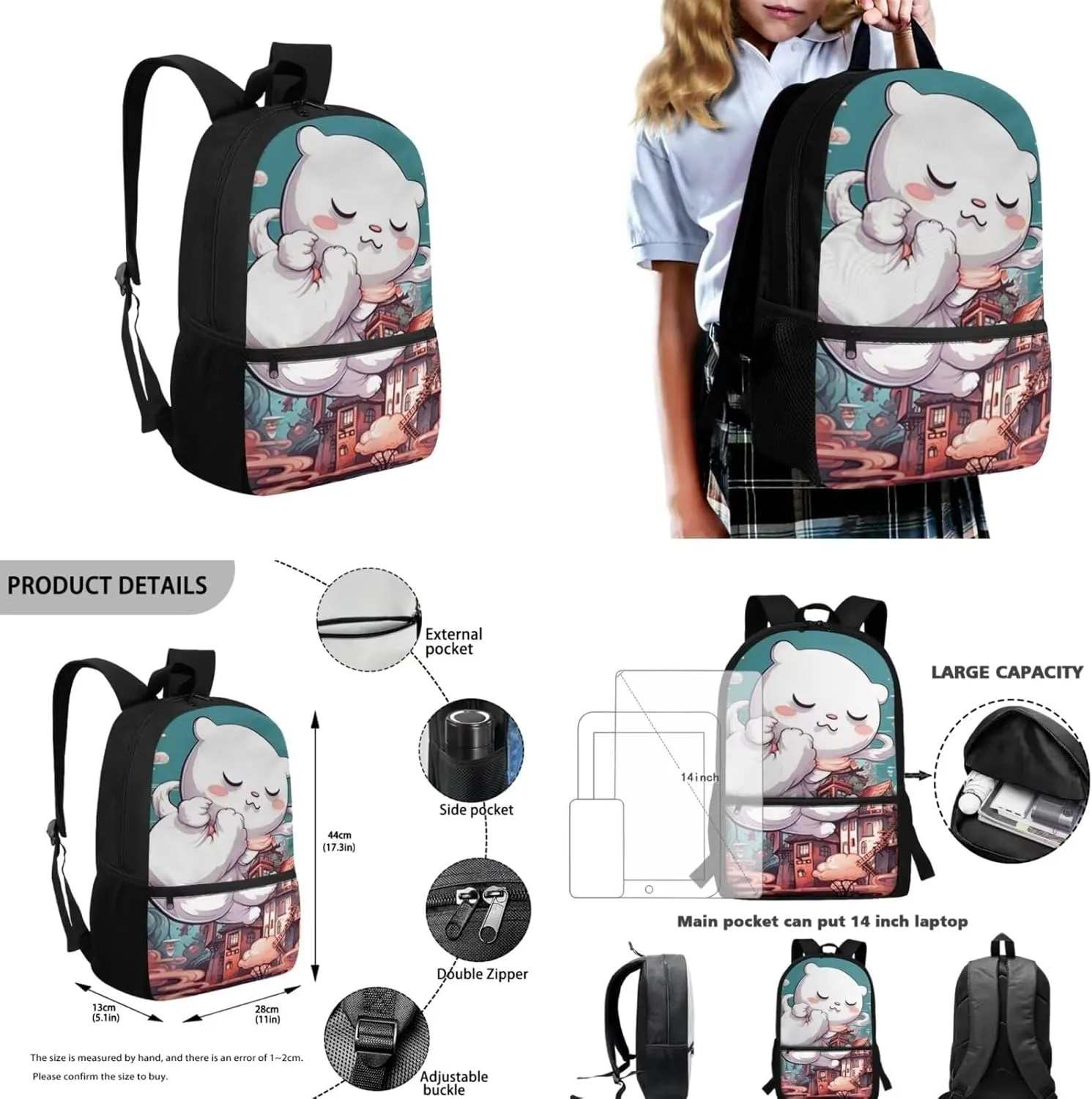 Cartoom Bear Backpack and Lunch Bag Set for Girls 3rd to 8th Grade Multi-Pockets School Bag for Boys Keep Warm Kids Lunch Bag for Middle School Secondary Schools