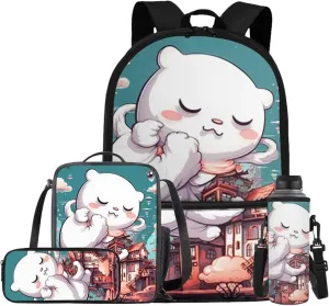 Cartoom Bear Backpack and Lunch Bag Set for Girls 3rd to 8th Grade Multi-Pockets School Bag for Boys Keep Warm Kids Lunch Bag for Middle School Secondary Schools