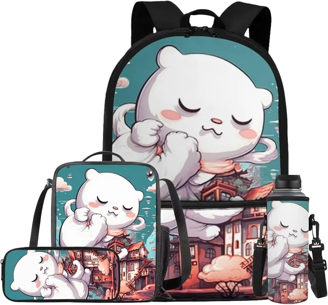 Cartoom Bear Backpack and Lunch Bag Set for Girls 3rd to 8th Grade Multi-Pockets School Bag for Boys Keep Warm Kids Lunch Bag for Middle School Secondary Schools