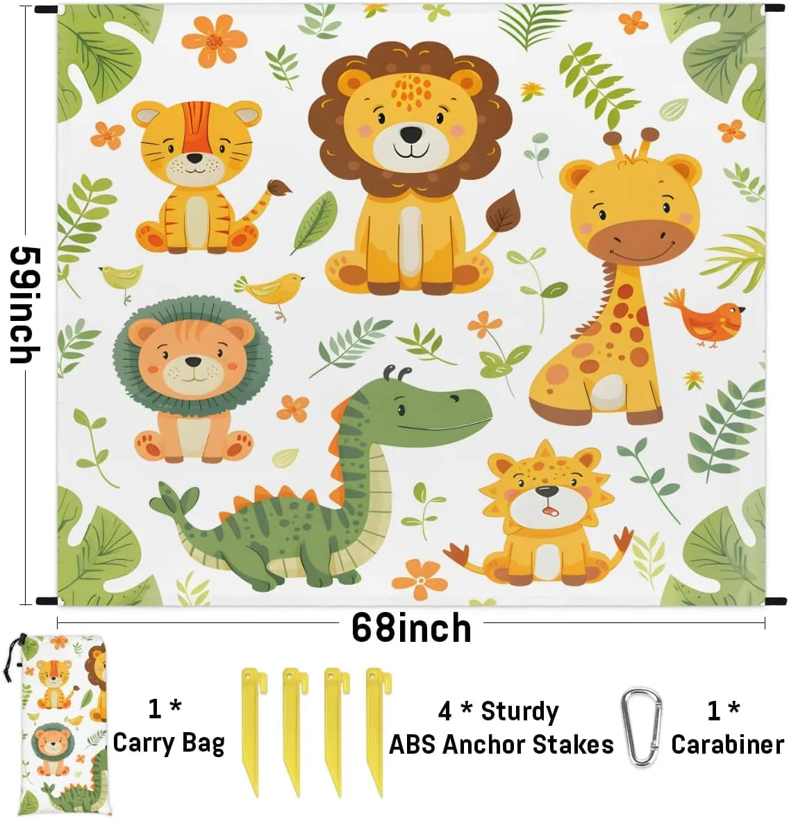 Cartoon Forest Zoo Beach Blanket, Sandproof Beach Mat, 68 x 59 Waterproof Quick Drying Sand Free Mat with 4 x Ground Spikes for Outdoor Travel Camping Hiking, Giraffe Crocodile Lion