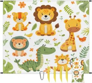 Cartoon Forest Zoo Beach Blanket, Sandproof Beach Mat, 68 x 59 Waterproof Quick Drying Sand Free Mat with 4 x Ground Spikes for Outdoor Travel Camping Hiking, Giraffe Crocodile Lion