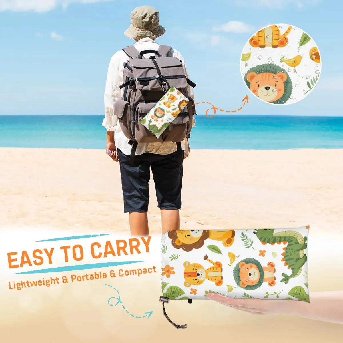 Cartoon Forest Zoo Beach Blanket, Sandproof Beach Mat, 68 x 59 Waterproof Quick Drying Sand Free Mat with 4 x Ground Spikes for Outdoor Travel Camping Hiking, Giraffe Crocodile Lion