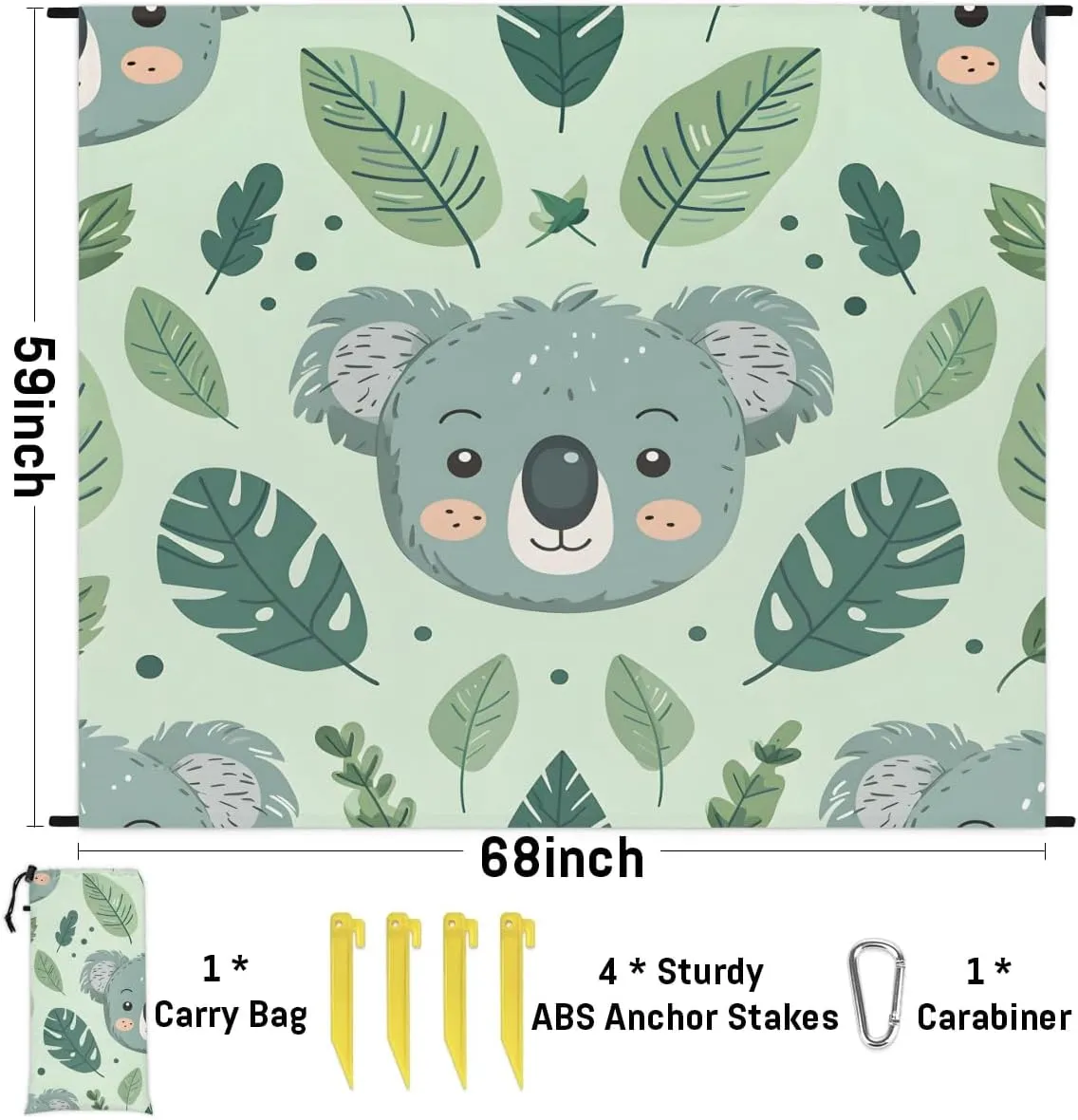 Cartoon Koala Beach Blanket, Sandproof Beach Mat, 68 x 59 Waterproof Quick Drying Sand Free Mat with 4 x Ground Spikes for Outdoor Travel Camping Hiking, Cute Koalas