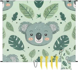 Cartoon Koala Beach Blanket, Sandproof Beach Mat, 68 x 59 Waterproof Quick Drying Sand Free Mat with 4 x Ground Spikes for Outdoor Travel Camping Hiking, Cute Koalas