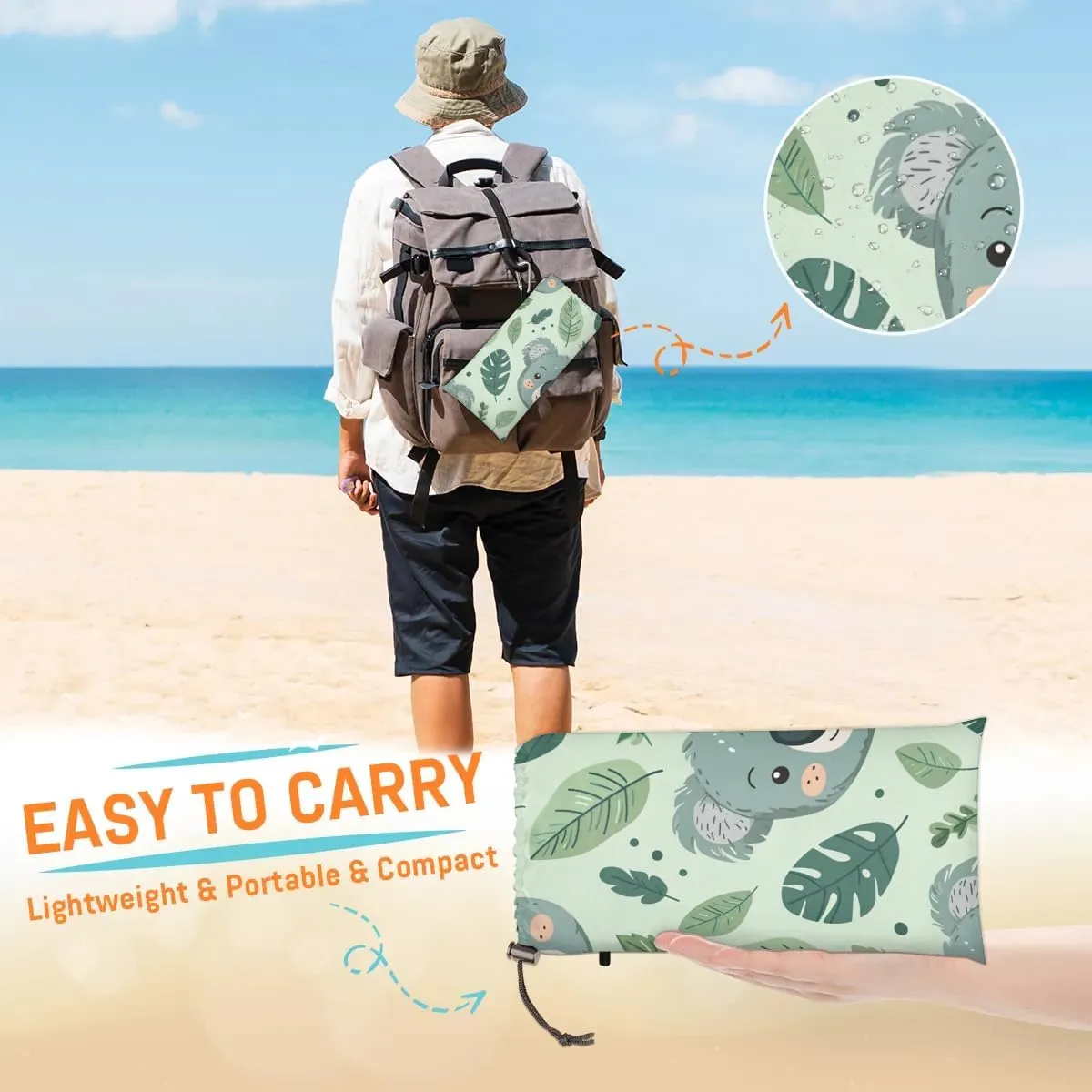 Cartoon Koala Beach Blanket, Sandproof Beach Mat, 68 x 59 Waterproof Quick Drying Sand Free Mat with 4 x Ground Spikes for Outdoor Travel Camping Hiking, Cute Koalas