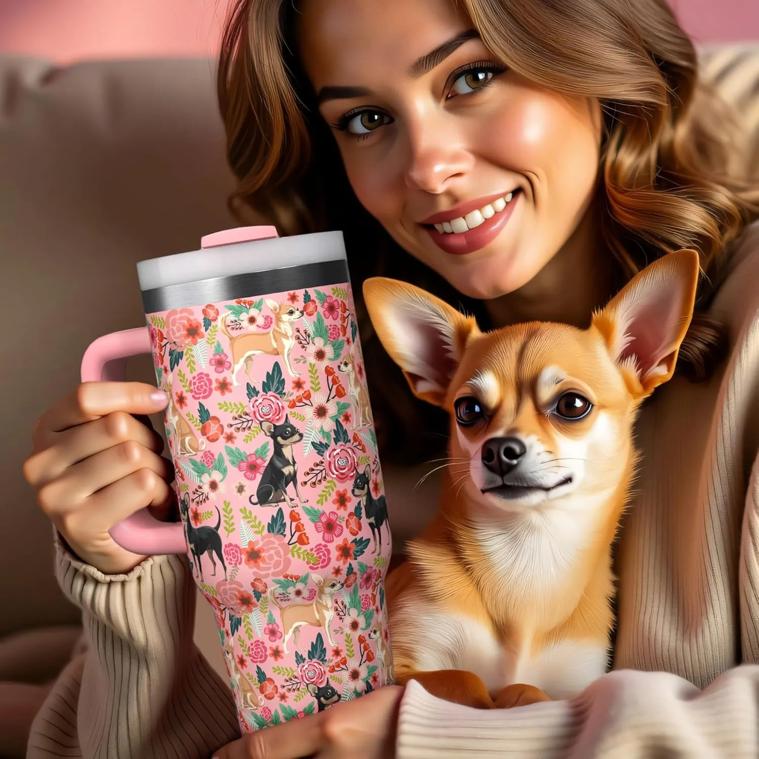 Chihuahua Lovers Gifts for Women - 30 Oz Chihuahua Tumbler with Handle and Straw - Chihuahua Cup for Chihuahua Lovers - Chihuahua Coffee Mug for Owner Gifts - Chihuahua Water Bottle Dog Lovers