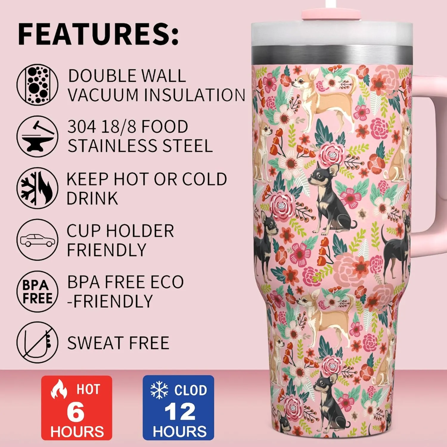 Chihuahua Lovers Gifts for Women - 30 Oz Chihuahua Tumbler with Handle and Straw - Chihuahua Cup for Chihuahua Lovers - Chihuahua Coffee Mug for Owner Gifts - Chihuahua Water Bottle Dog Lovers