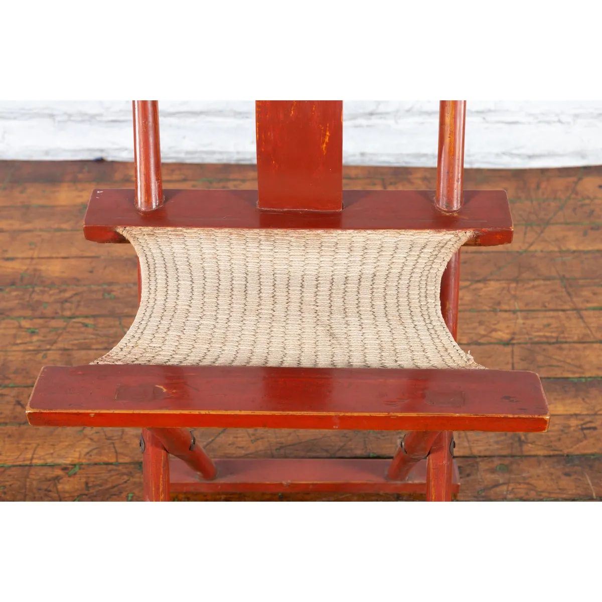 Chinese Early 20th Century Red Lacquer Traveller's Folding Chair with Woven Seat