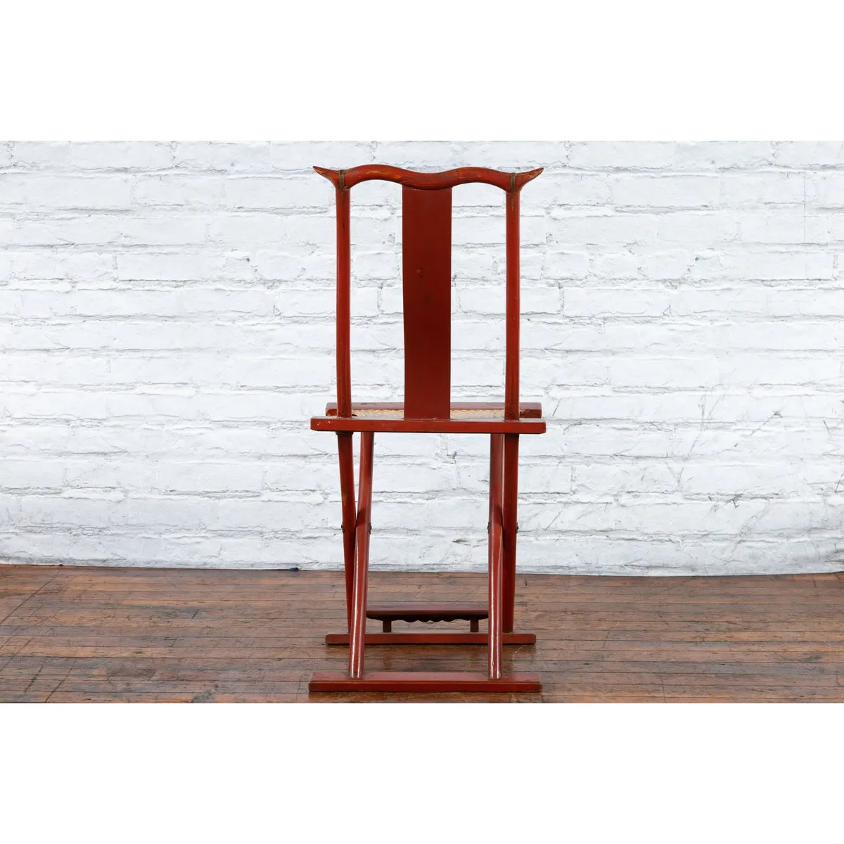 Chinese Early 20th Century Red Lacquer Traveller's Folding Chair with Woven Seat