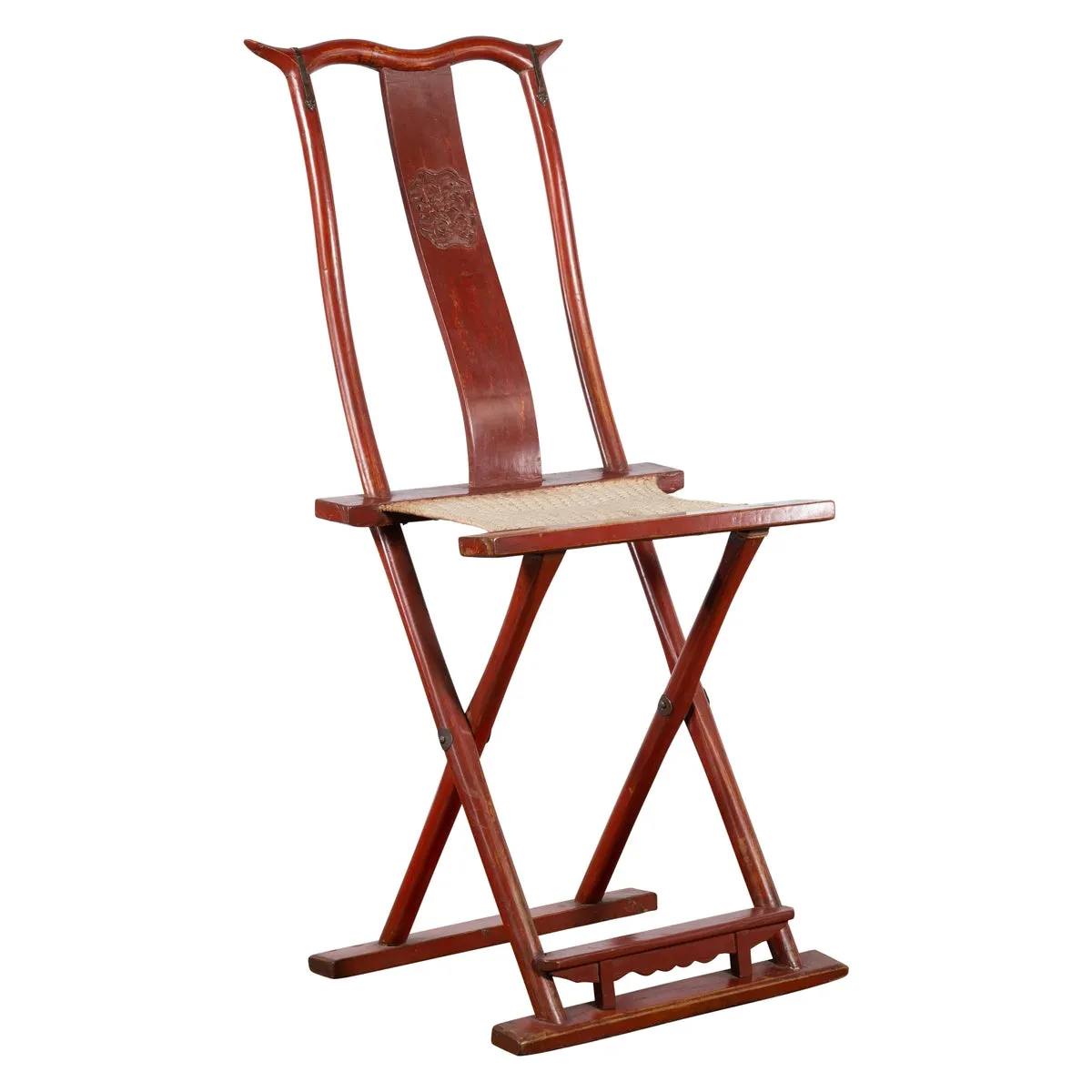 Chinese Early 20th Century Red Lacquer Traveller's Folding Chair with Woven Seat