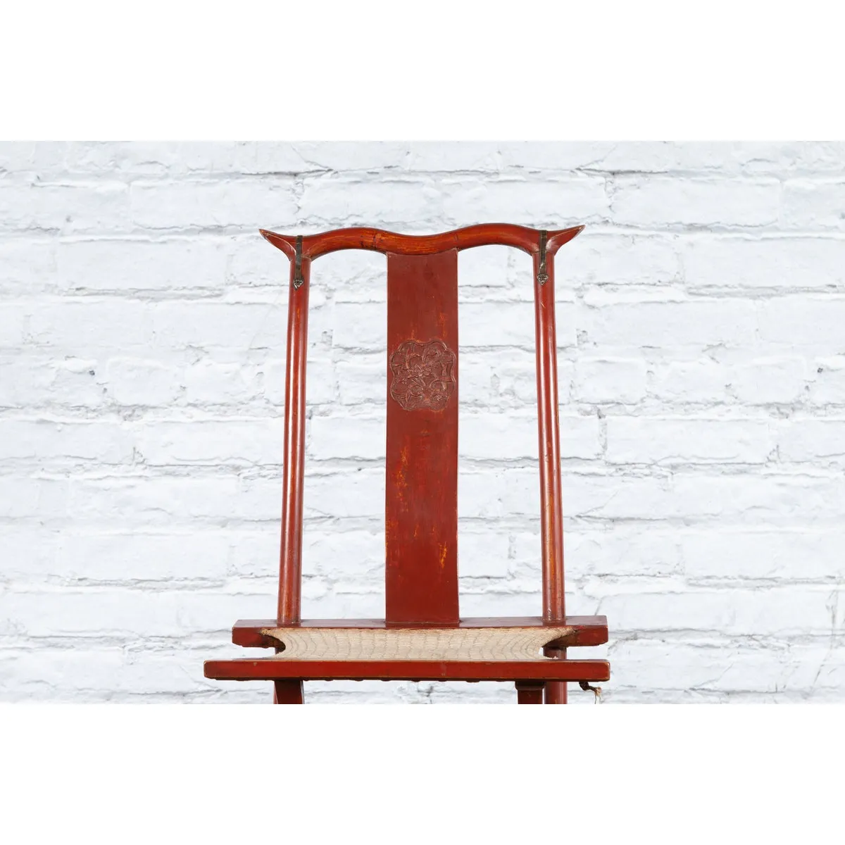 Chinese Early 20th Century Red Lacquer Traveller's Folding Chair with Woven Seat