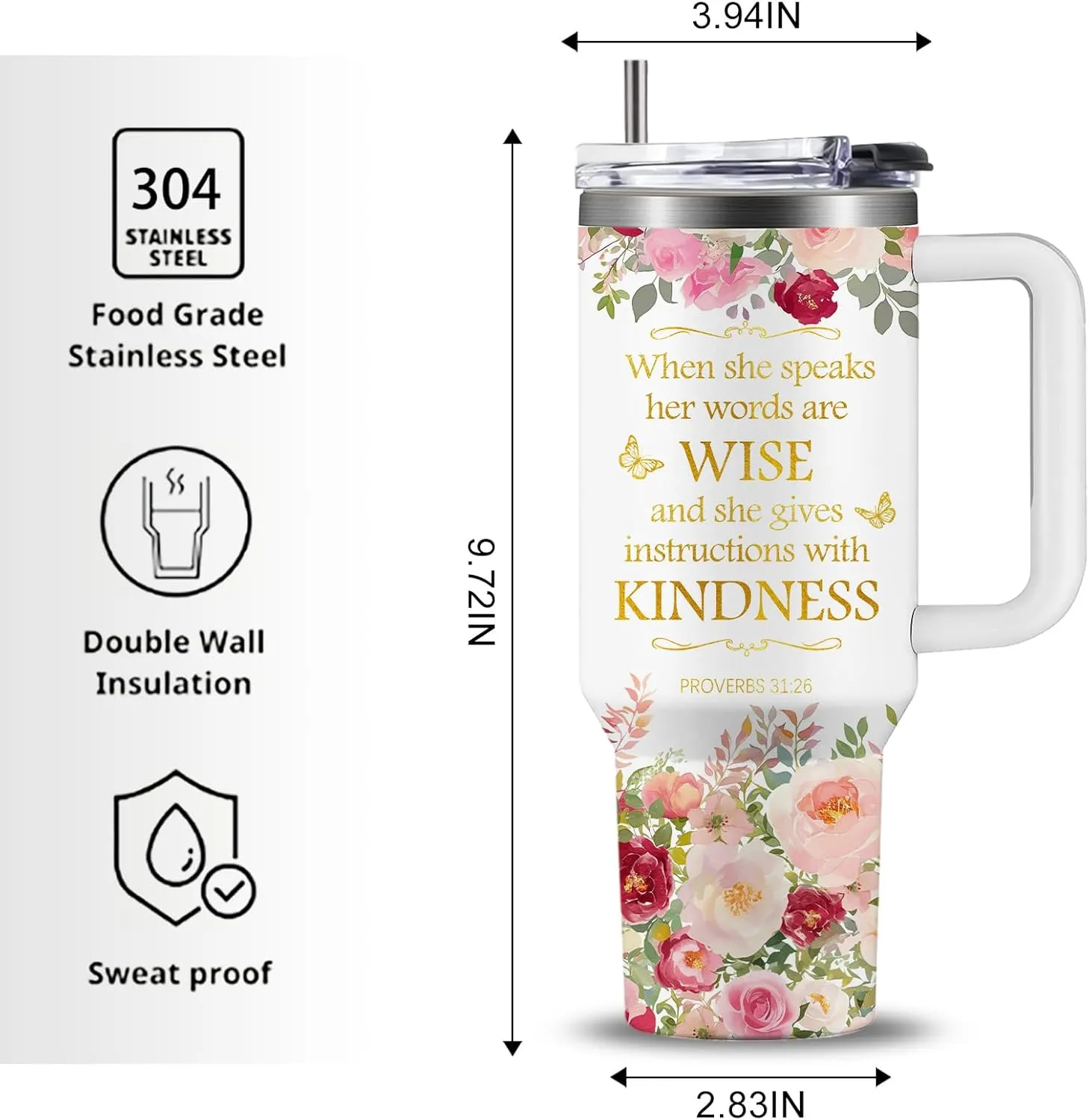 Christian Gifts for Women, Christian Art Gifts Floral Tumbler 40oz, Inspirational Religious Gift for Women Girl, Catholic Spiritual Faith Gift with Bible Verse: When She Speaks –Proverbs 31:26