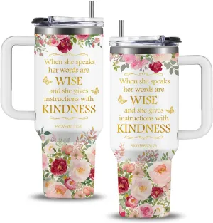 Christian Gifts for Women, Christian Art Gifts Floral Tumbler 40oz, Inspirational Religious Gift for Women Girl, Catholic Spiritual Faith Gift with Bible Verse: When She Speaks –Proverbs 31:26