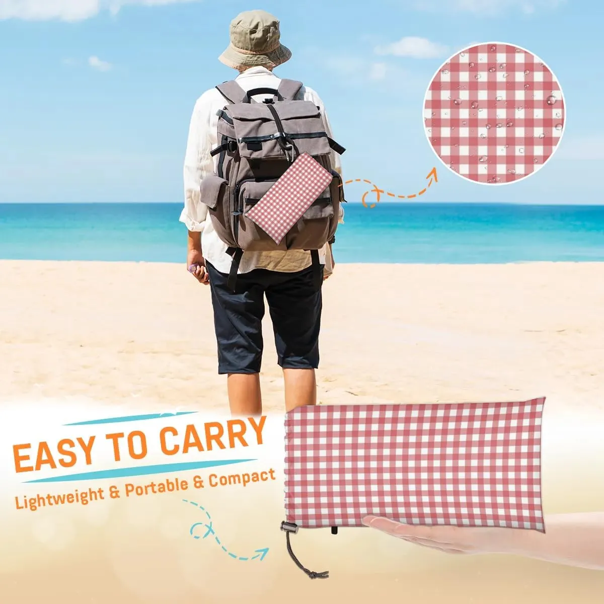 Christmas Day Beach Blanket, Sandproof Beach Mat, 68 x 59 Waterproof Quick Drying Sand Free Mat with 4 x Ground Spikes for Outdoor Travel Camping Hiking, Buffalo Plaid