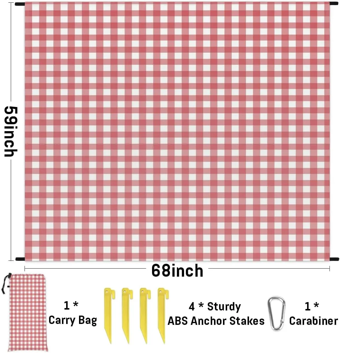 Christmas Day Beach Blanket, Sandproof Beach Mat, 68 x 59 Waterproof Quick Drying Sand Free Mat with 4 x Ground Spikes for Outdoor Travel Camping Hiking, Buffalo Plaid
