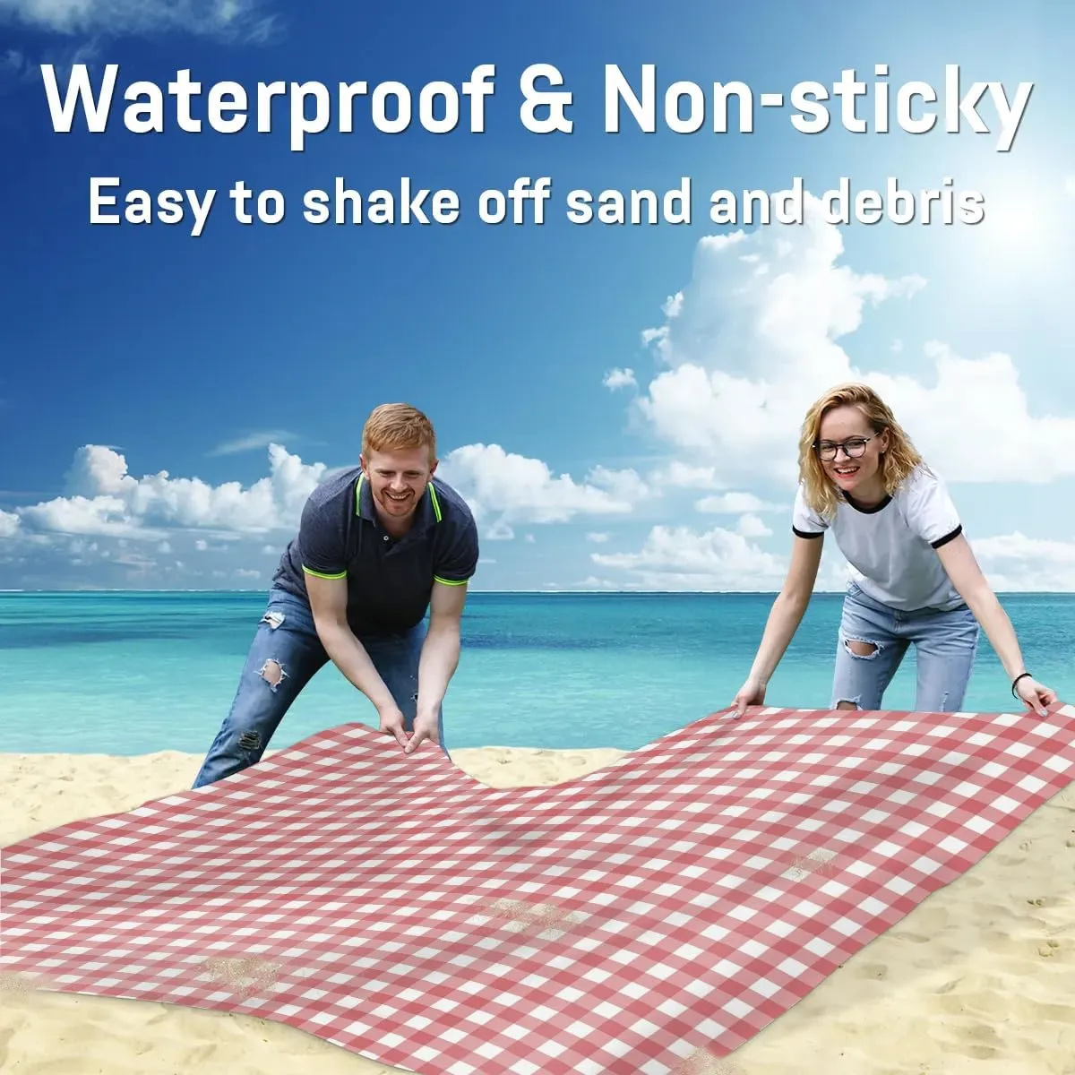 Christmas Day Beach Blanket, Sandproof Beach Mat, 68 x 59 Waterproof Quick Drying Sand Free Mat with 4 x Ground Spikes for Outdoor Travel Camping Hiking, Buffalo Plaid