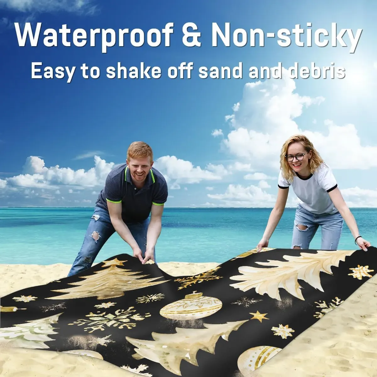Christmas Tree Beach Blanket, Sandproof Beach Mat, 68 x 59 Waterproof Quick Drying Sand Free Mat with 4 x Ground Spikes for Outdoor Travel Camping Hiking, Snowflake