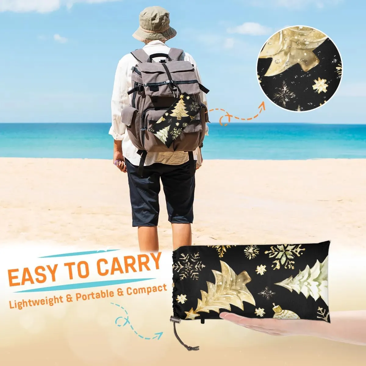Christmas Tree Beach Blanket, Sandproof Beach Mat, 68 x 59 Waterproof Quick Drying Sand Free Mat with 4 x Ground Spikes for Outdoor Travel Camping Hiking, Snowflake