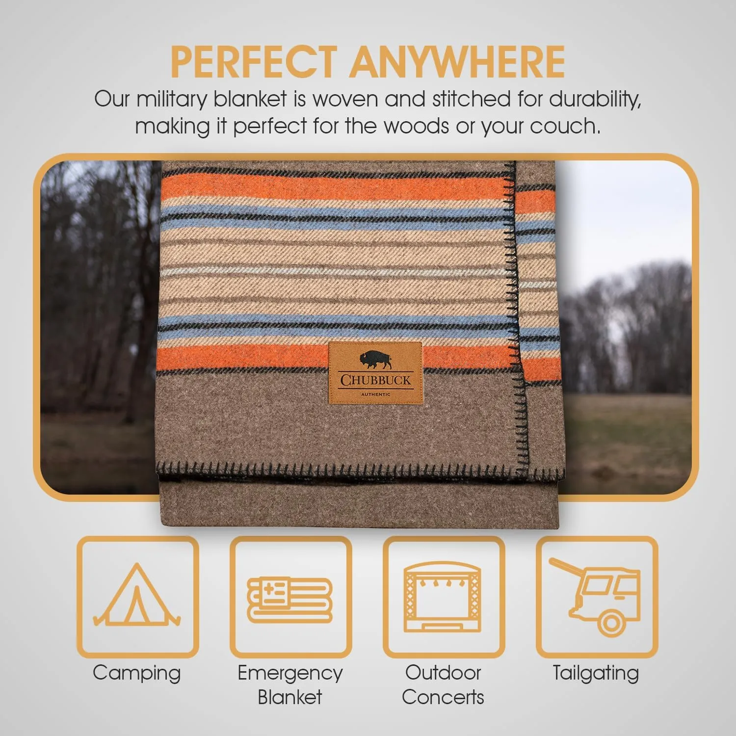 Chubbuck 100% Wool Blanket Camping (60" x 84") - Large Wool Blanket for Outdoor, Survival Kit, Emergency, Camping and Home Use - Fire Retardant, Soft and Warm Blankets for Winter (Forest)