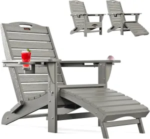 Ciokea Folding Adirondack Chair with Retractable Ottoman, Outdoor Fire Pit Chairs with Pull Out Foot Rest Weather Resistant Lawn Patio Chair with 2 Cup Holder (Gray)
