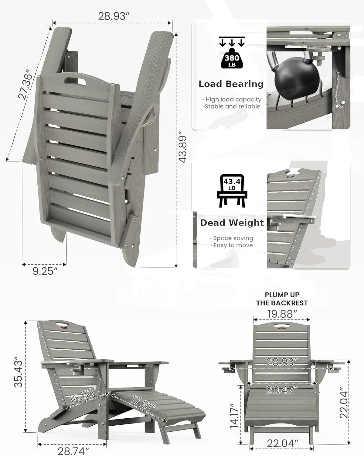 Ciokea Folding Adirondack Chair with Retractable Ottoman, Outdoor Fire Pit Chairs with Pull Out Foot Rest Weather Resistant Lawn Patio Chair with 2 Cup Holder (Gray)