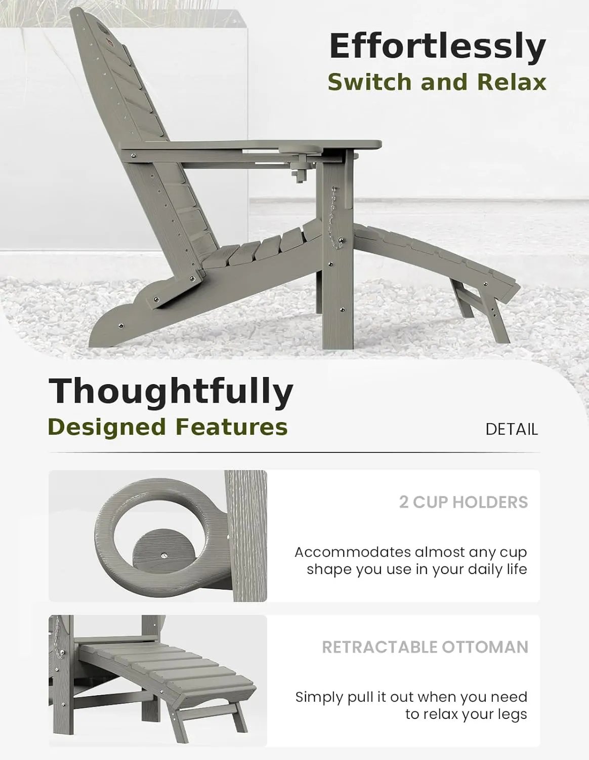 Ciokea Folding Adirondack Chair with Retractable Ottoman, Outdoor Fire Pit Chairs with Pull Out Foot Rest Weather Resistant Lawn Patio Chair with 2 Cup Holder (Gray)