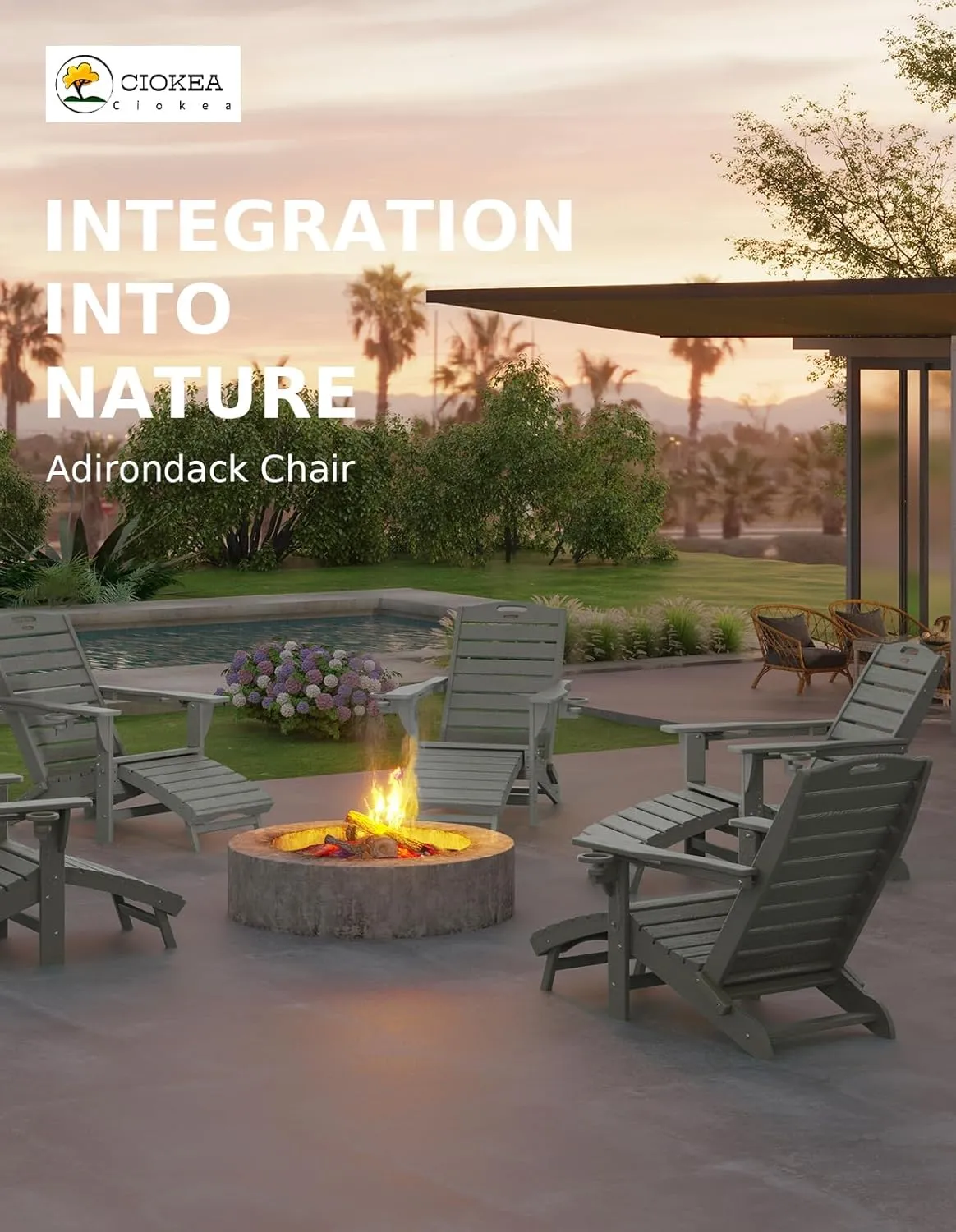 Ciokea Folding Adirondack Chair with Retractable Ottoman, Outdoor Fire Pit Chairs with Pull Out Foot Rest Weather Resistant Lawn Patio Chair with 2 Cup Holder (Gray)