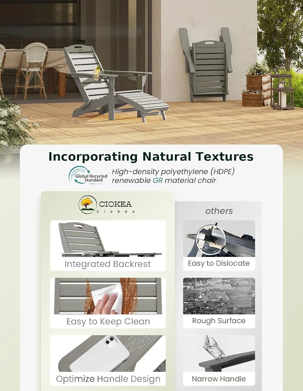 Ciokea Folding Adirondack Chair with Retractable Ottoman, Outdoor Fire Pit Chairs with Pull Out Foot Rest Weather Resistant Lawn Patio Chair with 2 Cup Holder (Gray)