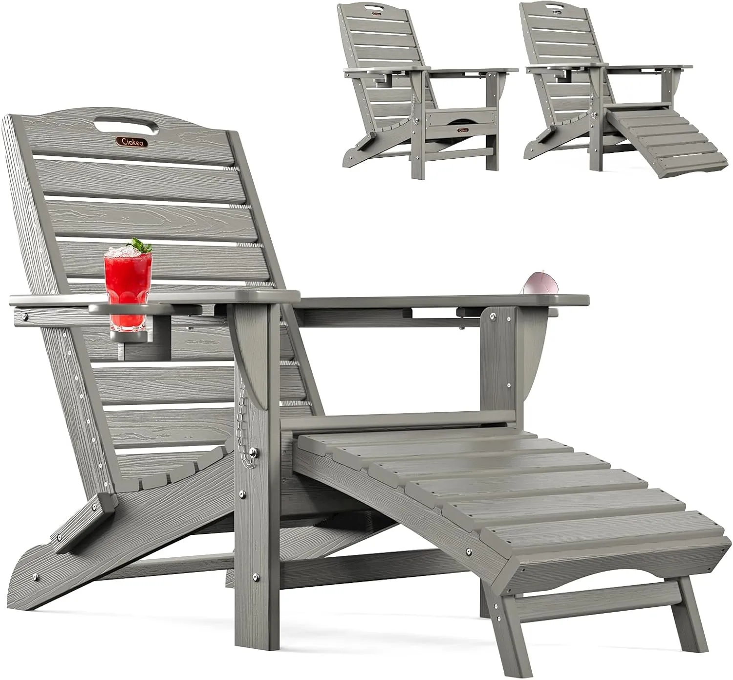 Ciokea Folding Adirondack Chair with Retractable Ottoman, Outdoor Fire Pit Chairs with Pull Out Foot Rest Weather Resistant Lawn Patio Chair with 2 Cup Holder (Gray)