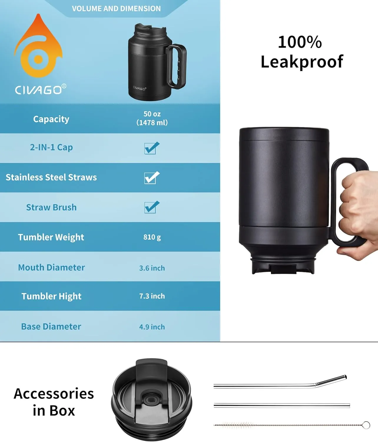 CIVAGO 50 oz Insulated Tumbler Mug with Lid and Straw, Vacuum Travel Coffee Mug with Handle, Double Wall Stainless Steel Water Cup Bottle, Black