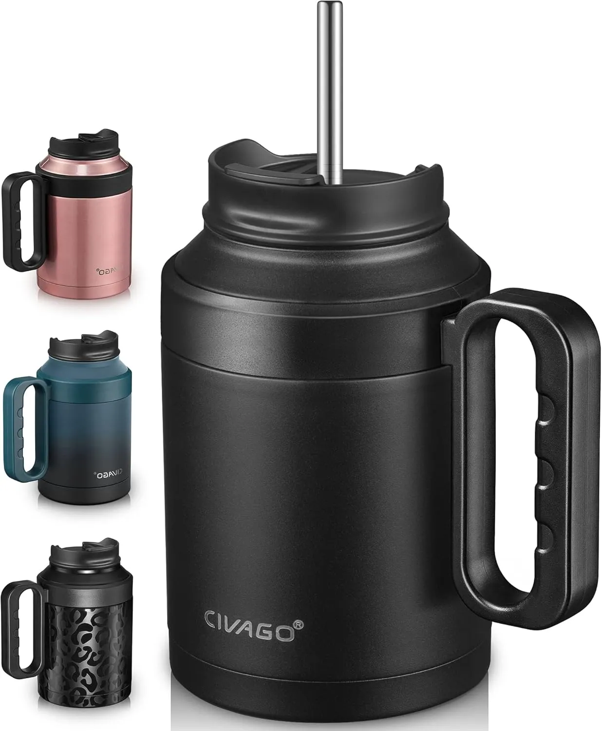 CIVAGO 50 oz Insulated Tumbler Mug with Lid and Straw, Vacuum Travel Coffee Mug with Handle, Double Wall Stainless Steel Water Cup Bottle, Black