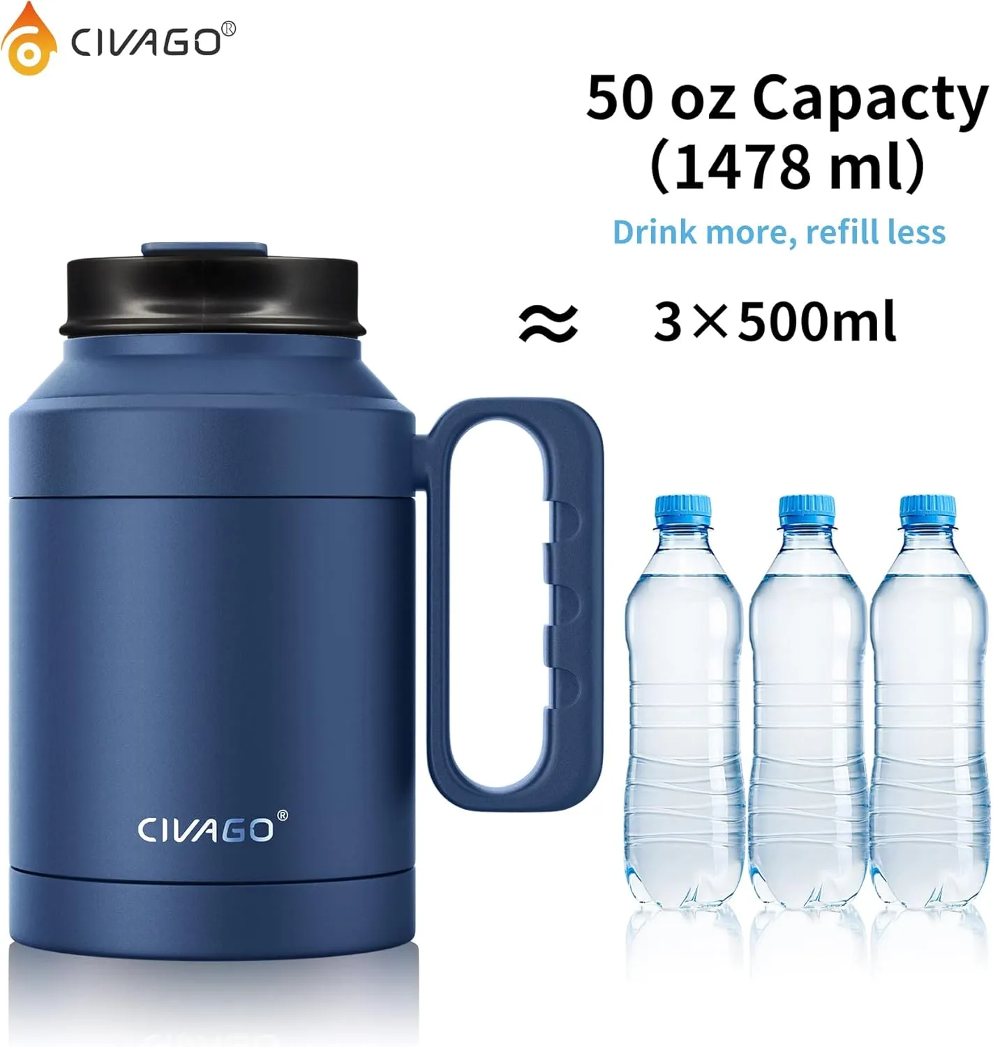 CIVAGO 50 oz Insulated Tumbler Mug with Lid and Straw, Vacuum Travel Coffee Mug with Handle, Double Wall Stainless Steel Water Cup Bottle, Black