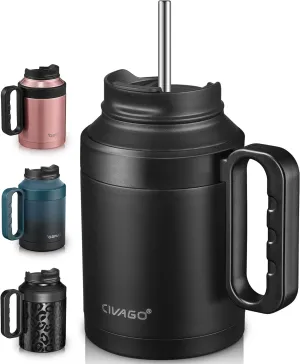 CIVAGO 50 oz Insulated Tumbler Mug with Lid and Straw, Vacuum Travel Coffee Mug with Handle, Double Wall Stainless Steel Water Cup Bottle, Black