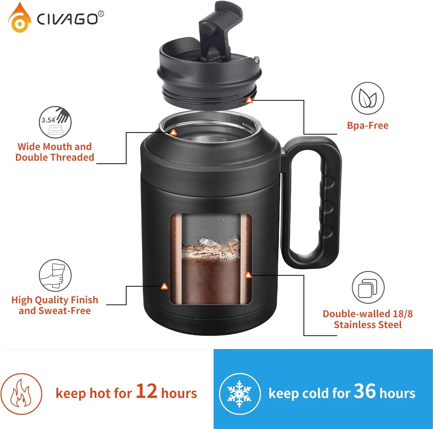 CIVAGO 50 oz Insulated Tumbler Mug with Lid and Straw, Vacuum Travel Coffee Mug with Handle, Double Wall Stainless Steel Water Cup Bottle, Black