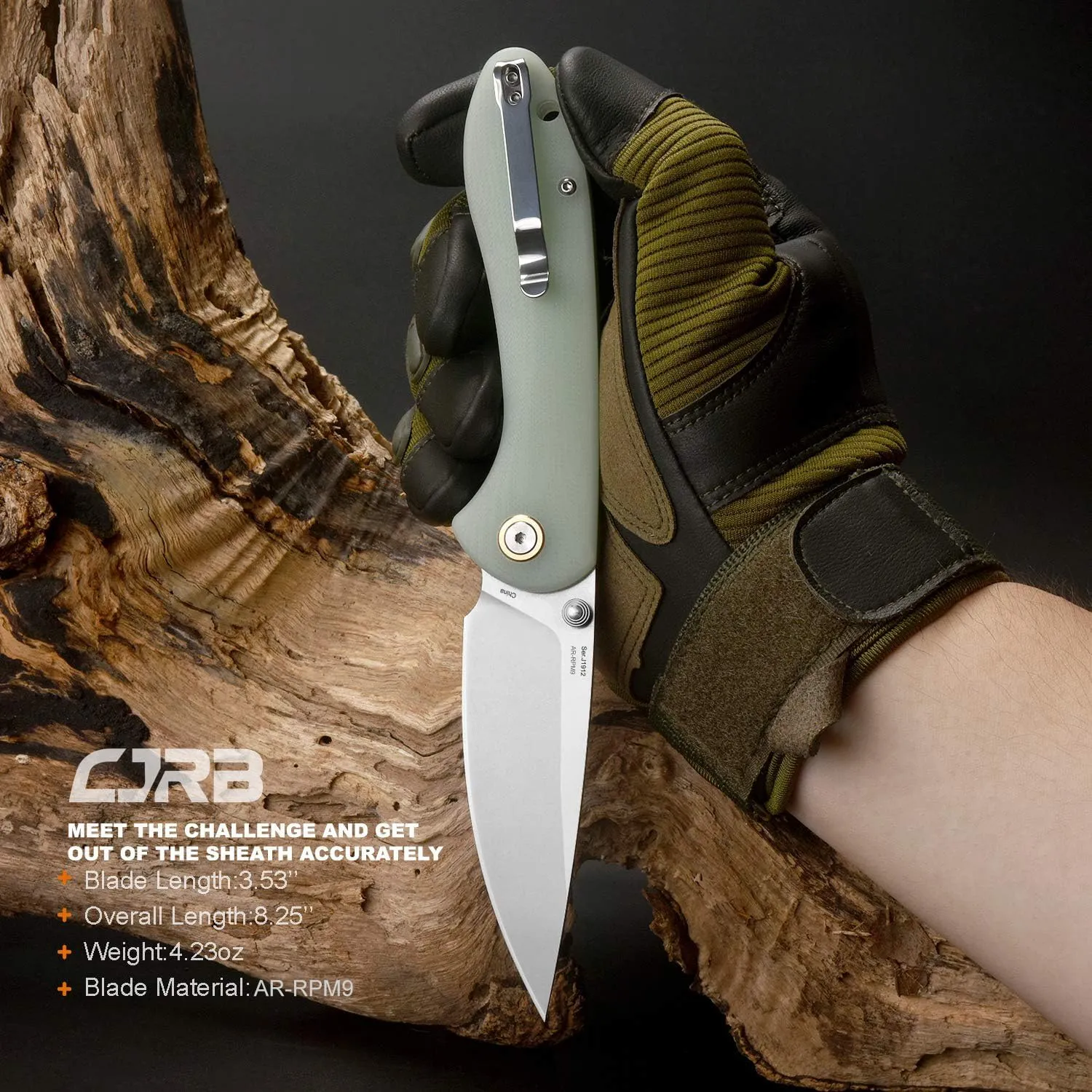 CJRB Feldspar Pocket Folding Knife Stonewash AR-RPM9 Steel Blade G10 Tactical Handle EDC Knives Green-Large (J1912)