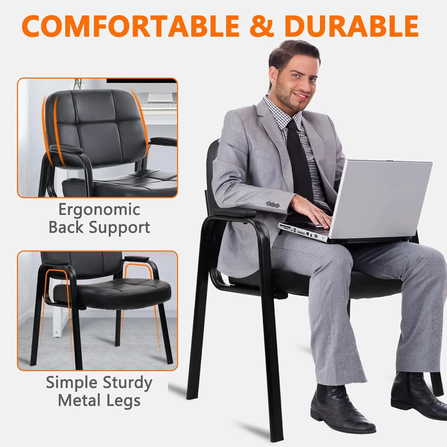 CLATINA Big & Tall 400 lbs Waiting Room Guest Chair, Leather Office Reception Chair No Wheels with Padded Arms for Elderly Home Desk Conference Room Lobby Side Salon Clinic, Black(2 Pack)
