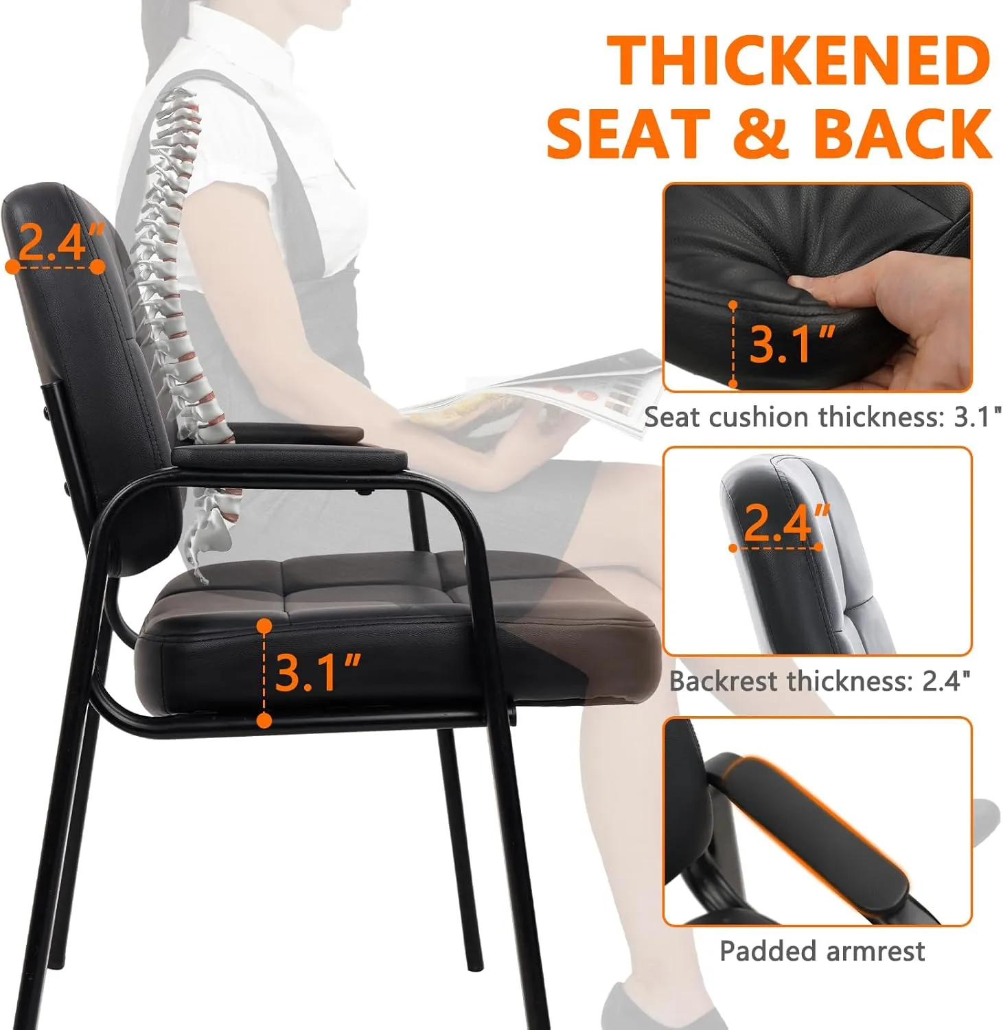 CLATINA Big & Tall 400 lbs Waiting Room Guest Chair, Leather Office Reception Chair No Wheels with Padded Arms for Elderly Home Desk Conference Room Lobby Side Salon Clinic, Black(2 Pack)