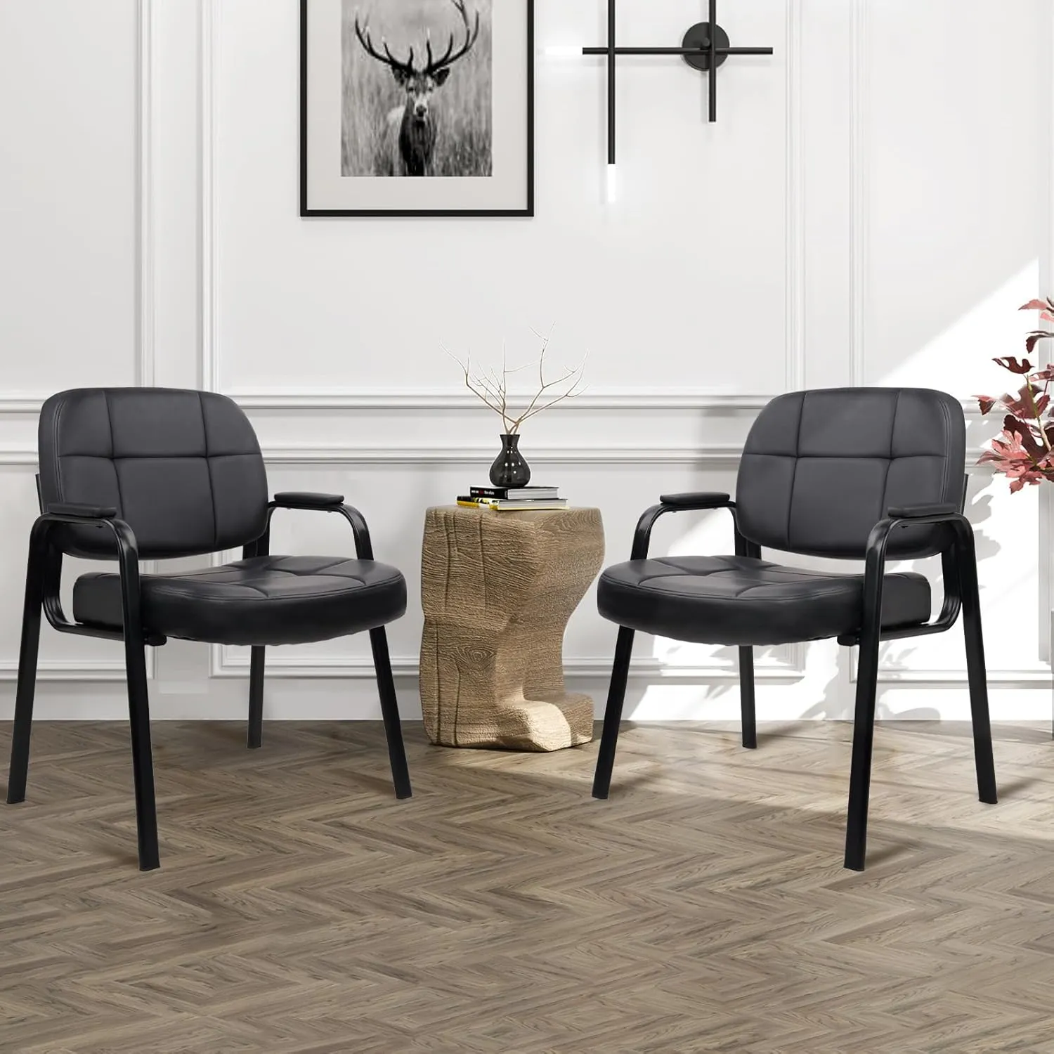 CLATINA Big & Tall 400 lbs Waiting Room Guest Chair, Leather Office Reception Chair No Wheels with Padded Arms for Elderly Home Desk Conference Room Lobby Side Salon Clinic, Black(2 Pack)
