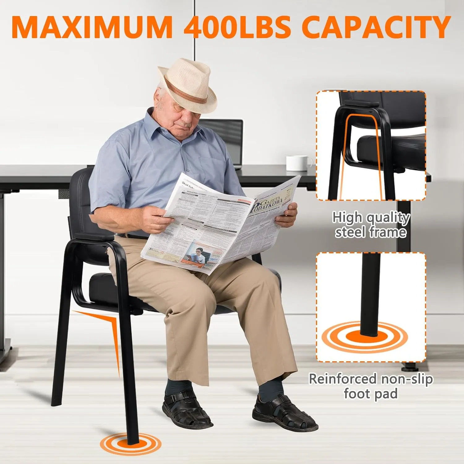 CLATINA Big & Tall 400 lbs Waiting Room Guest Chair, Leather Office Reception Chair No Wheels with Padded Arms for Elderly Home Desk Conference Room Lobby Side Salon Clinic, Black(2 Pack)