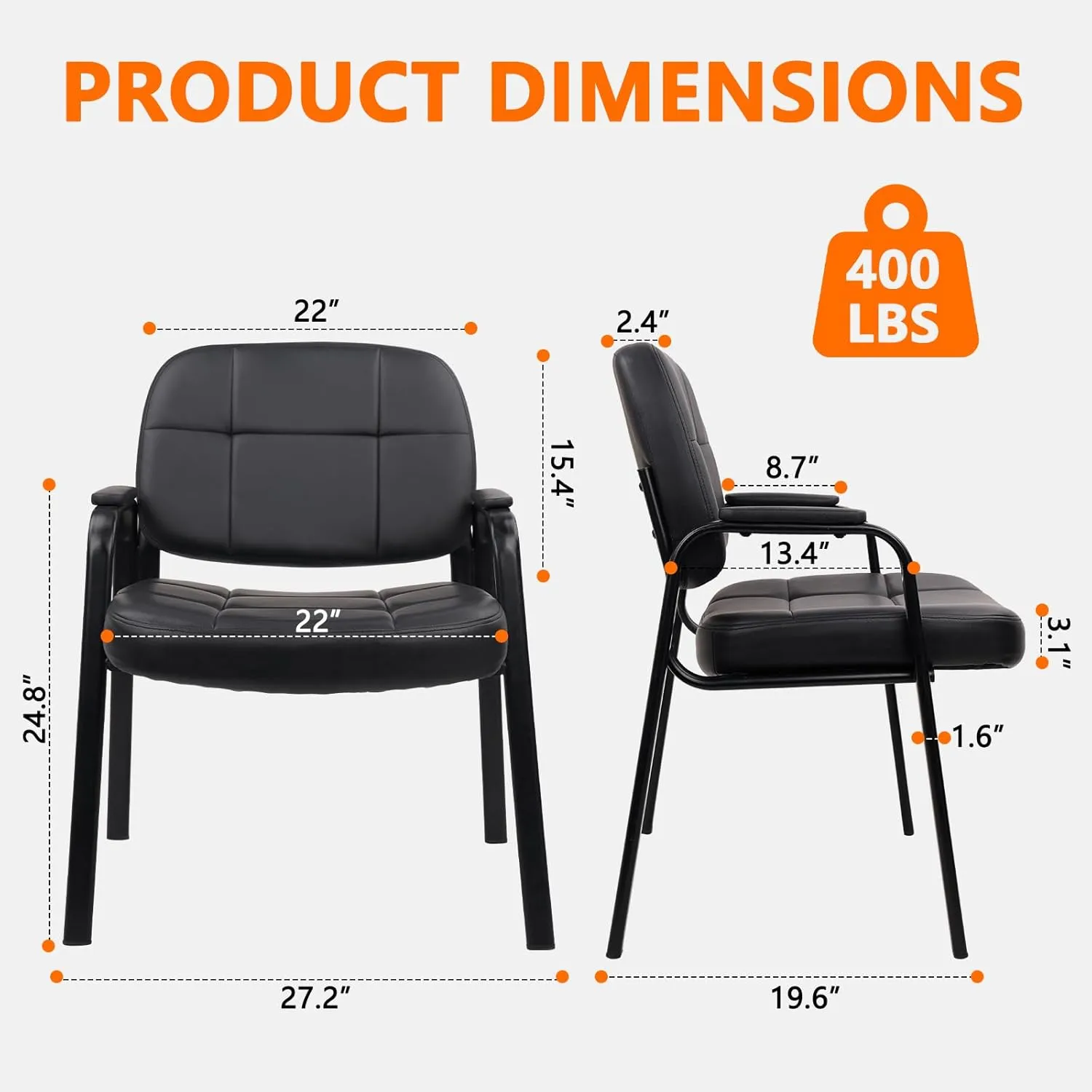 CLATINA Big & Tall 400 lbs Waiting Room Guest Chair, Leather Office Reception Chair No Wheels with Padded Arms for Elderly Home Desk Conference Room Lobby Side Salon Clinic, Black(2 Pack)