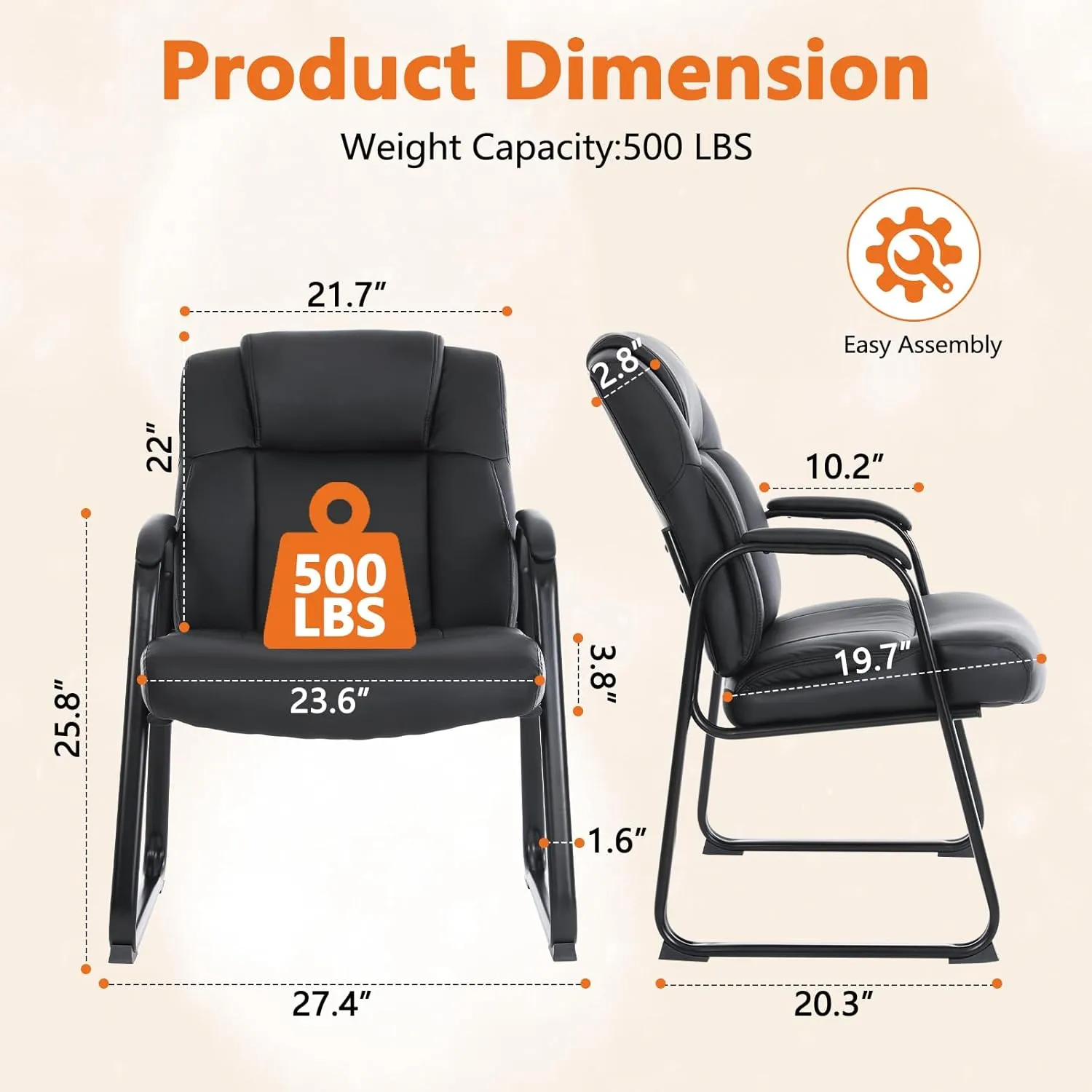 CLATINA Big & Tall 500 lb. Guest Chair, Leather Reception Chairs with Sled Base and Padded Arm Rest for Waiting Room Office Home and Meeting Conference-Black