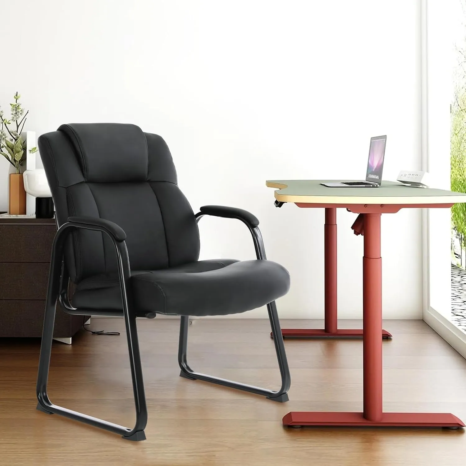 CLATINA Big & Tall 500 lb. Guest Chair, Leather Reception Chairs with Sled Base and Padded Arm Rest for Waiting Room Office Home and Meeting Conference-Black