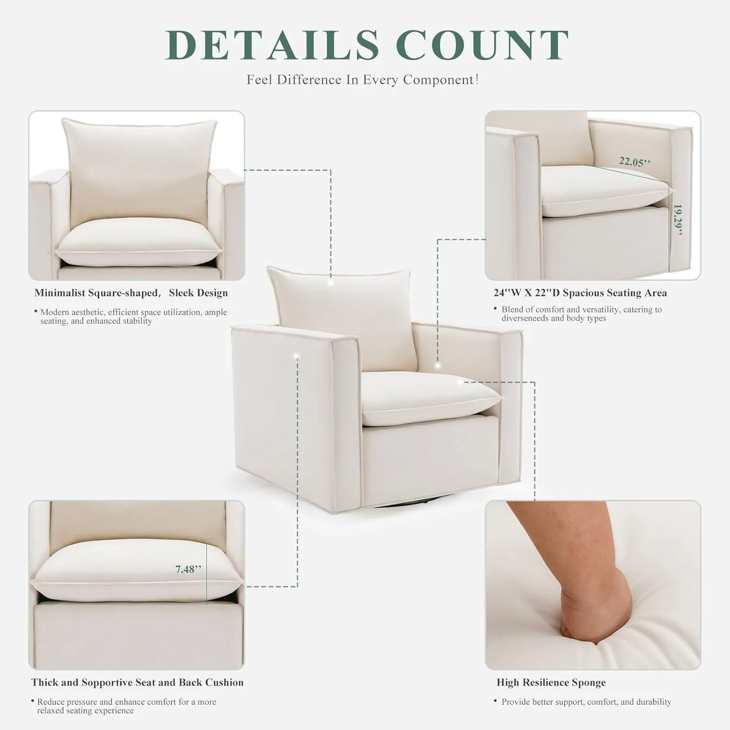 COLAMY Swivel Accent Chair, 34 Inches Wide Upholstered Arm Chair with Plump Back Pillow, Modern Sofa Living Room Chair for Bedroom, Corner, Reading Nook-Beige