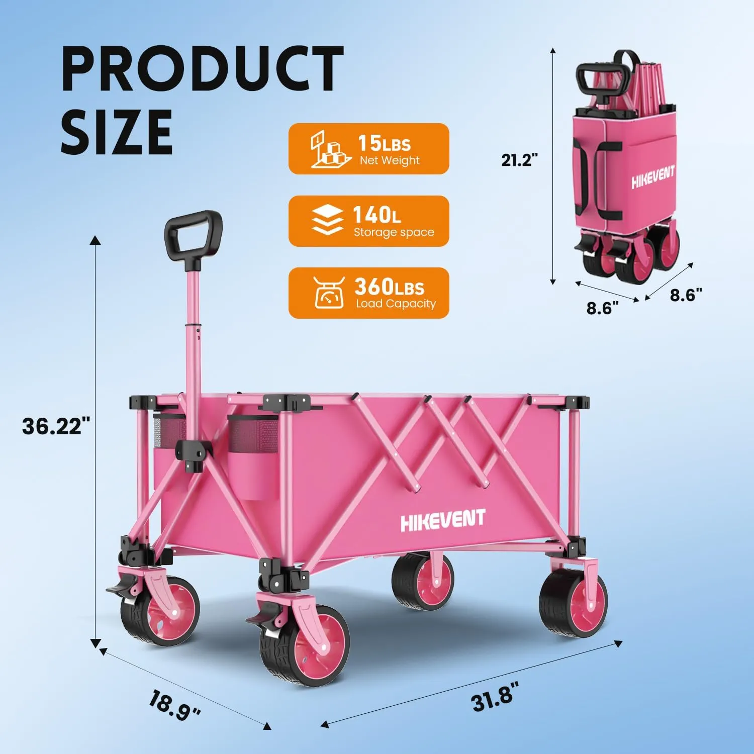 Collapsible Wagon Cart Foldable, 360LBS Heavy Duty Beach Wagon with Wider Wheels, Utility Grocery Shopping Cart for Garden, Camping, Sports, Pink