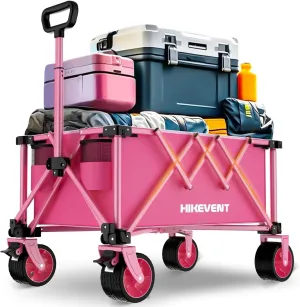 Collapsible Wagon Cart Foldable, 360LBS Heavy Duty Beach Wagon with Wider Wheels, Utility Grocery Shopping Cart for Garden, Camping, Sports, Pink
