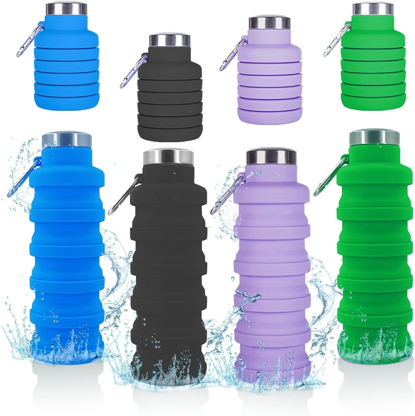 Collapsible Water Bottle,4 Pcs BPA Free Reuseable Silicone Foldable Leakproof 16oz Water Bottles,Portable Lightweight Water Bottles with Carabiner for Travel Gym Camping,Hiking Outdoor Indoor Sports