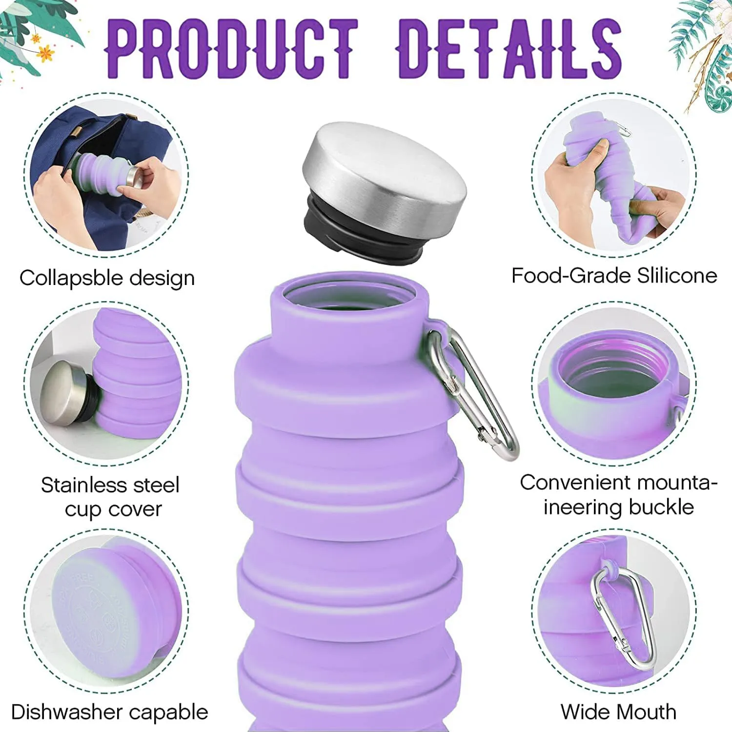 Collapsible Water Bottle,4 Pcs BPA Free Reuseable Silicone Foldable Leakproof 16oz Water Bottles,Portable Lightweight Water Bottles with Carabiner for Travel Gym Camping,Hiking Outdoor Indoor Sports