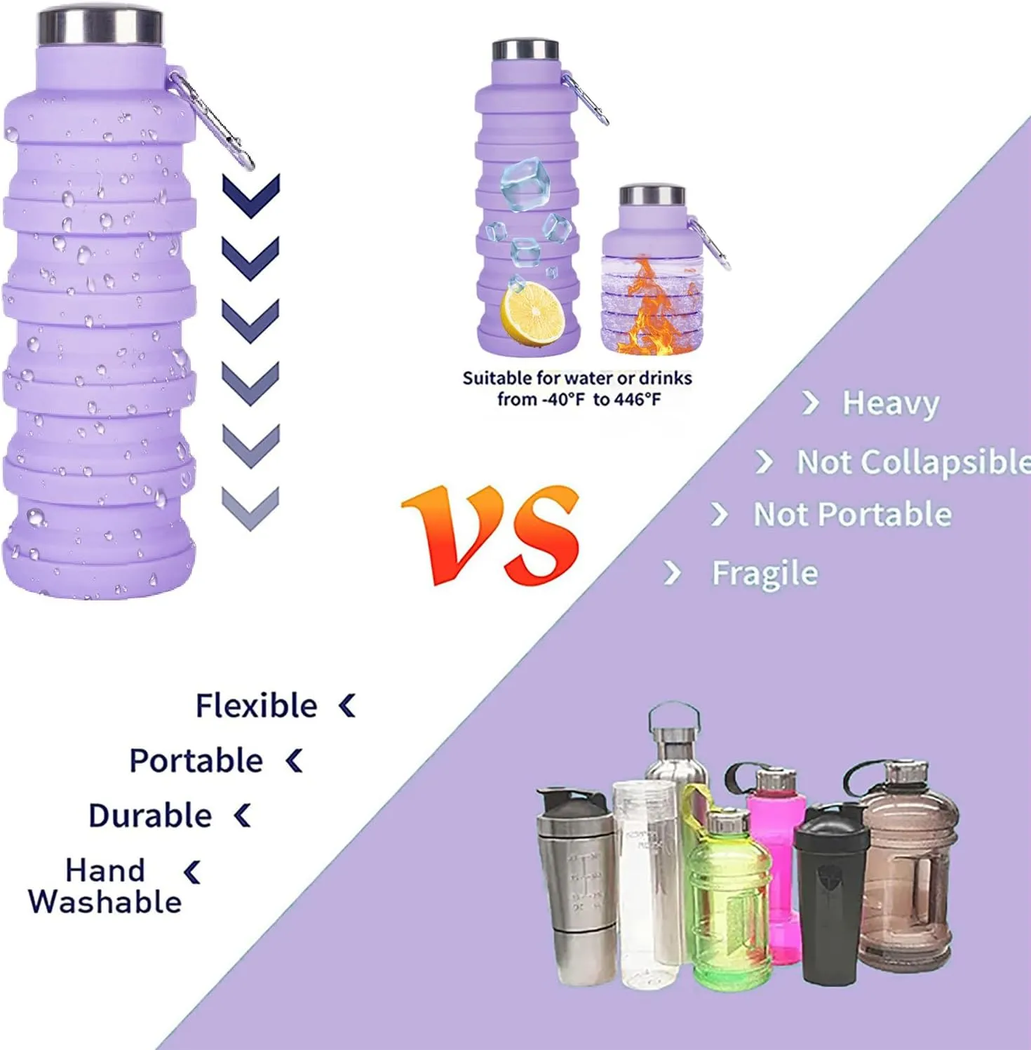 Collapsible Water Bottle,4 Pcs BPA Free Reuseable Silicone Foldable Leakproof 16oz Water Bottles,Portable Lightweight Water Bottles with Carabiner for Travel Gym Camping,Hiking Outdoor Indoor Sports