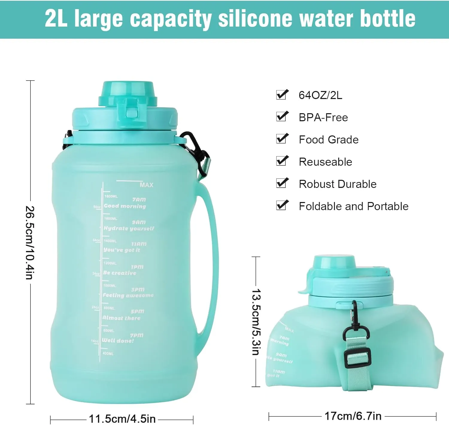 Collapsible Water Bottles, 2L/64OZ travel water bottle Bottle with Straw, Half Gallon Large Water Bottle for Travel Outdoor Sports Runing Fitness Yoga (Upgraded Snow Cyan)